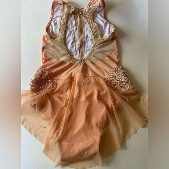 Glamour solo custom dance costume lyrical peach rhinestone mesh dress CXL adu XS - Picture 4 of 10